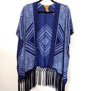 💙✨ Wrangler Navy Blue White Bandana Western Fringe Boho Gypsy Kimono L X